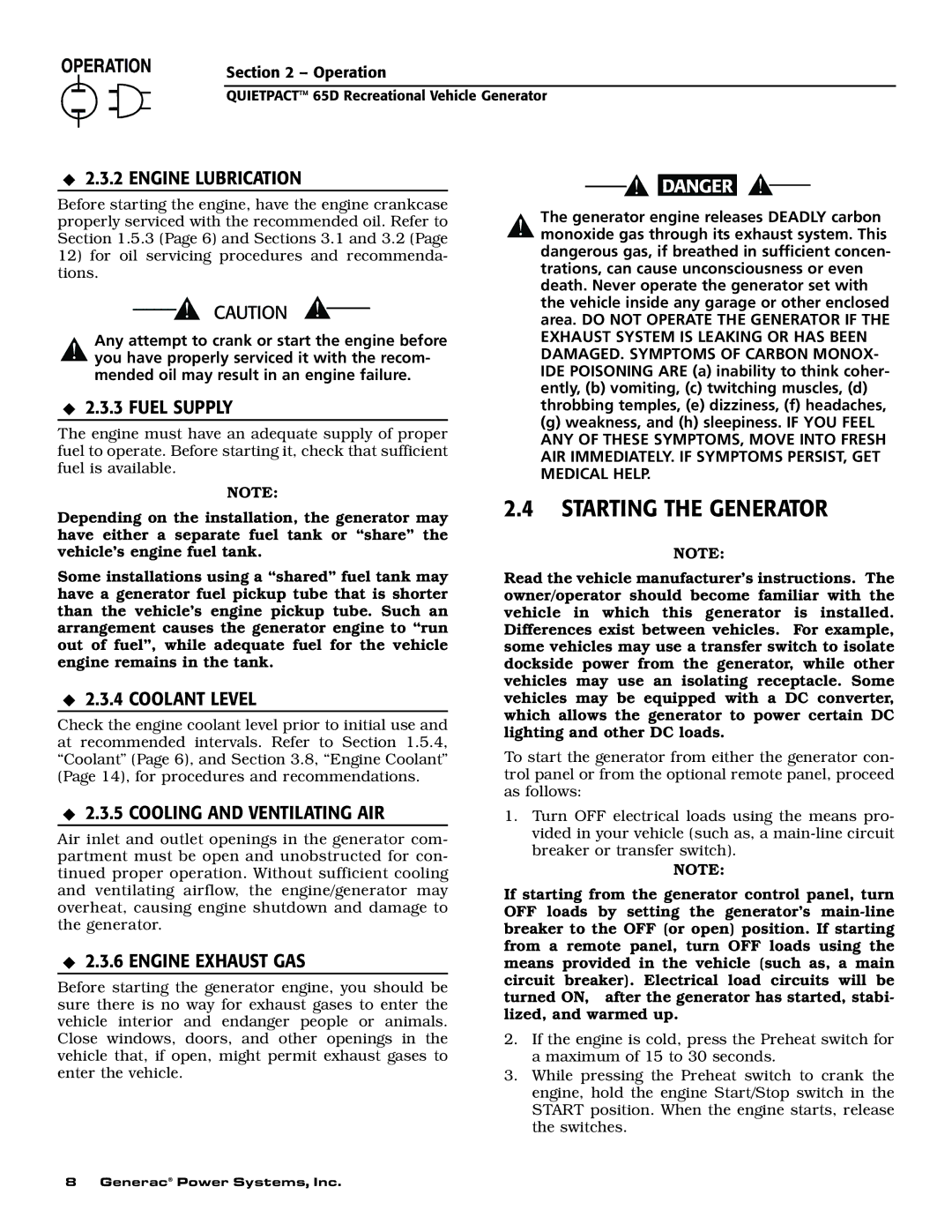 Generac 004614-1 owner manual Starting the Generator 