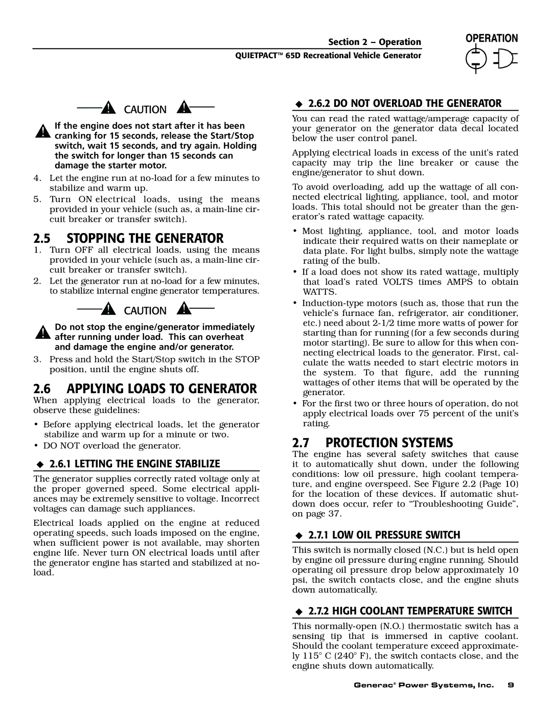 Generac 004614-1 owner manual Stopping the Generator, Protection Systems 