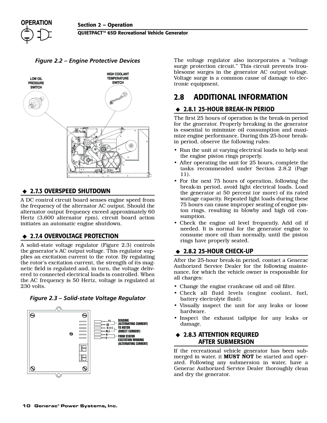 Generac 004614-1 owner manual Additional Information, Overspeed Shutdown, Overvoltage Protection, 1 25-HOUR BREAK-IN Period 