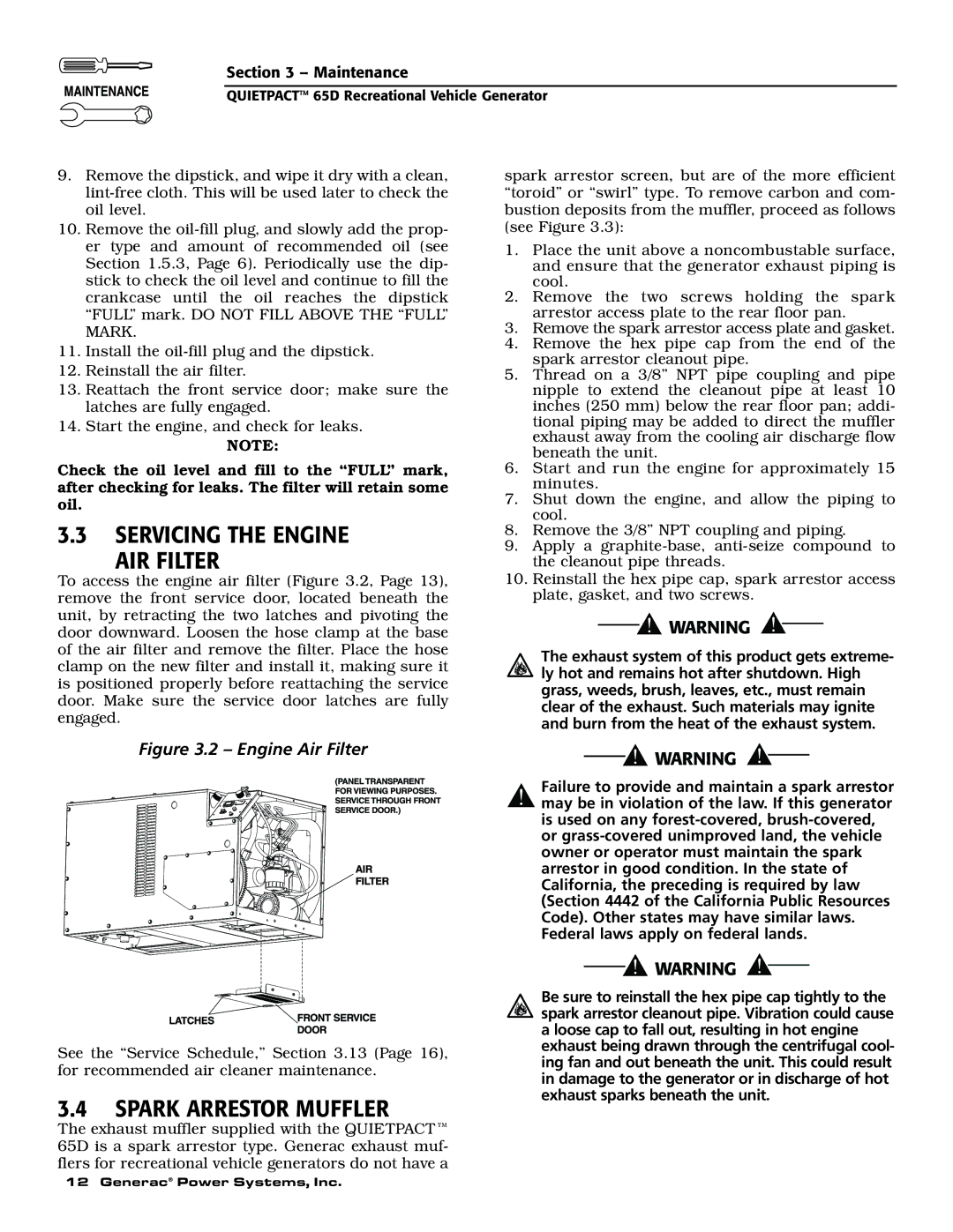 Generac 004614-1 owner manual Servicing the Engine AIR Filter, Spark Arrestor Muffler 