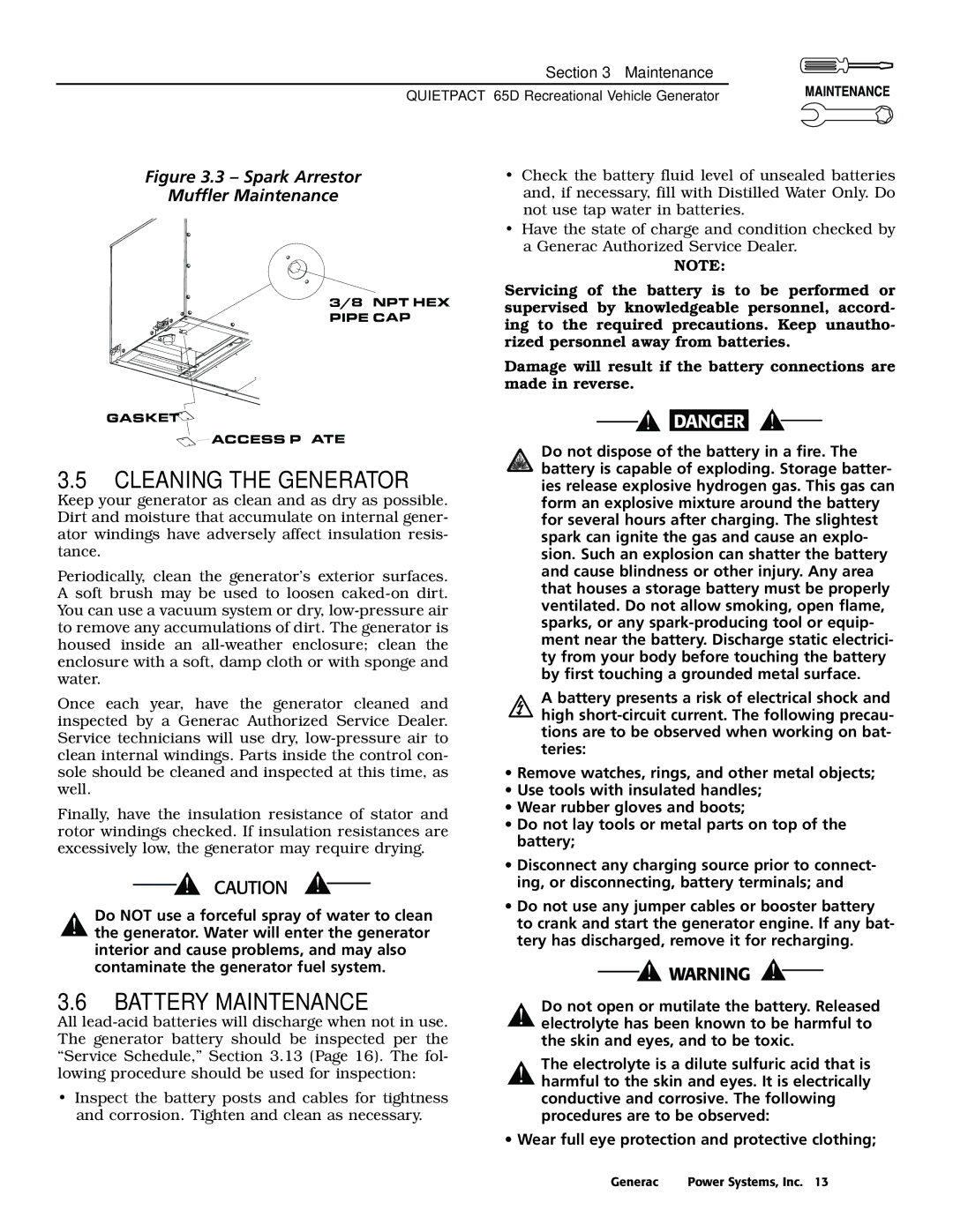 Generac 004614-1 owner manual Cleaning the Generator, Battery Maintenance 