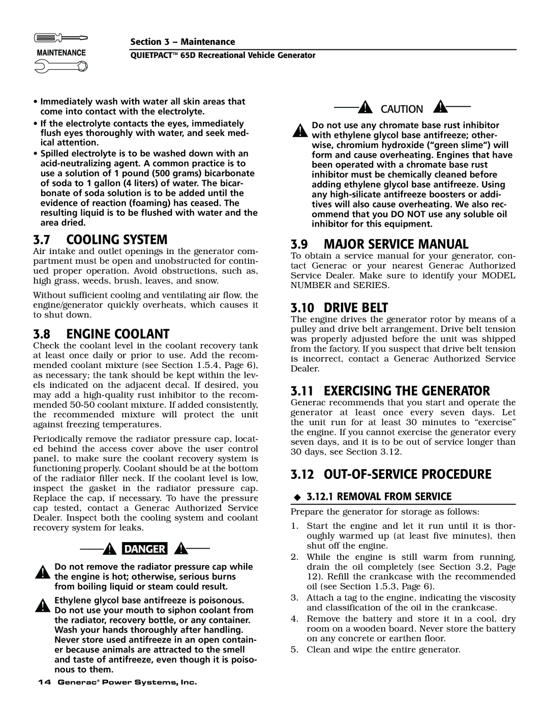 Generac 004614-1 Cooling System, Engine Coolant, Drive Belt, Exercising the Generator, OUT-OF-SERVICE Procedure 