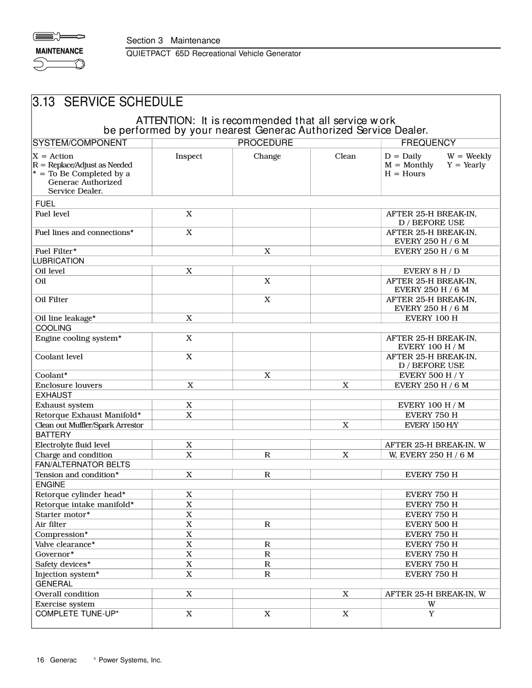 Generac 004614-1 owner manual Service Schedule, SYSTEM/COMPONENT Procedure Frequency 