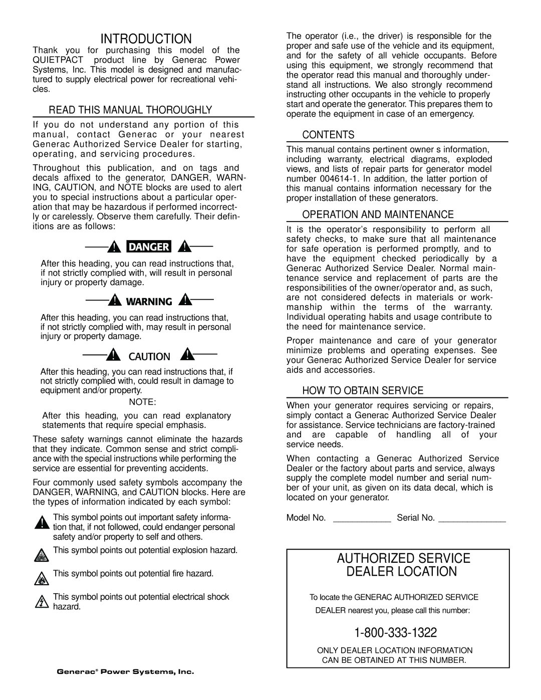 Generac 004614-1 owner manual Introduction, Authorized Service Dealer Location 