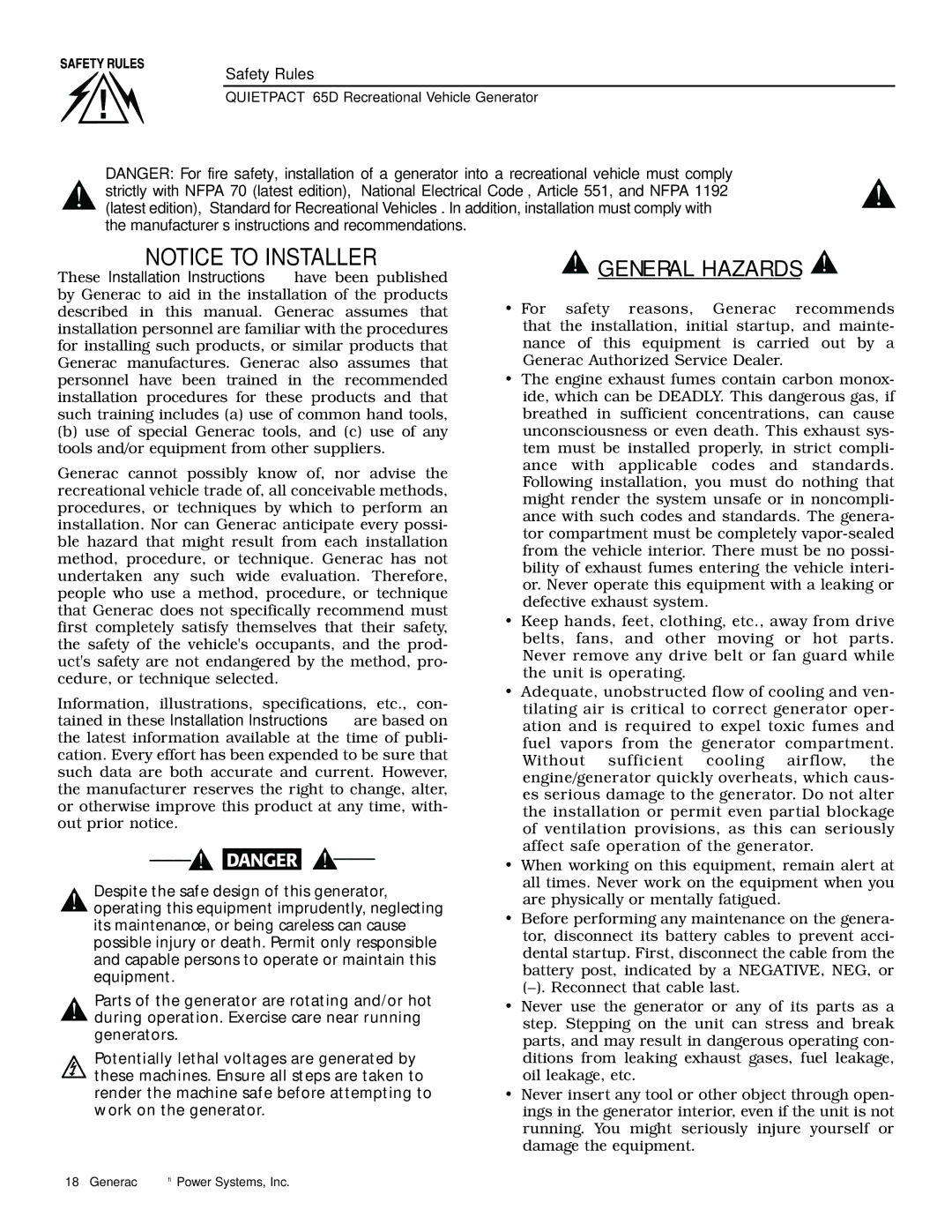 Generac 004614-1 owner manual General Hazards 