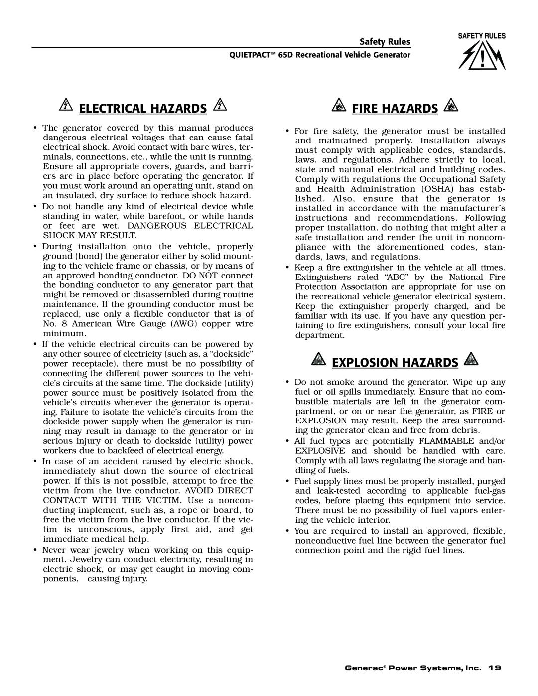 Generac 004614-1 owner manual Electrical Hazards 