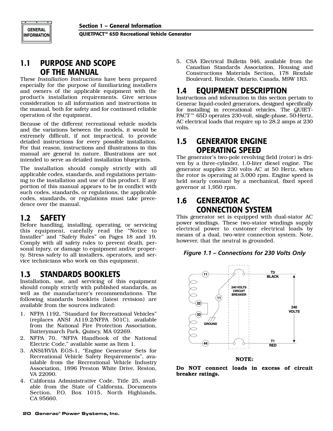 Generac 004614-1 Purpose and Scope Manual, Standards Booklets, Equipment Description, Generator Engine Operating Speed 