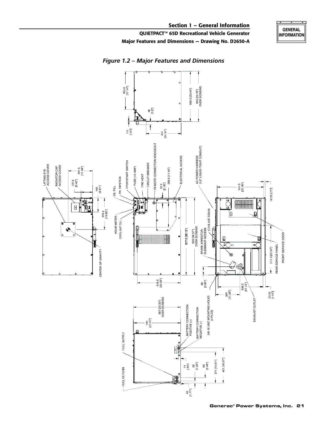 Generac 004614-1 owner manual Major Features and Dimensions 