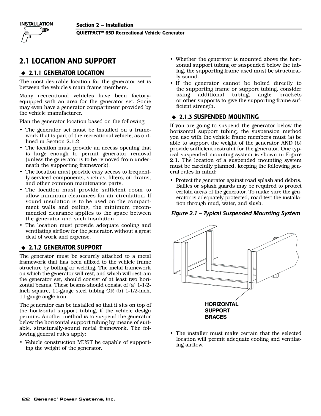 Generac 004614-1 owner manual Location and Support, Generator Location, Generator Support, Suspended Mounting 