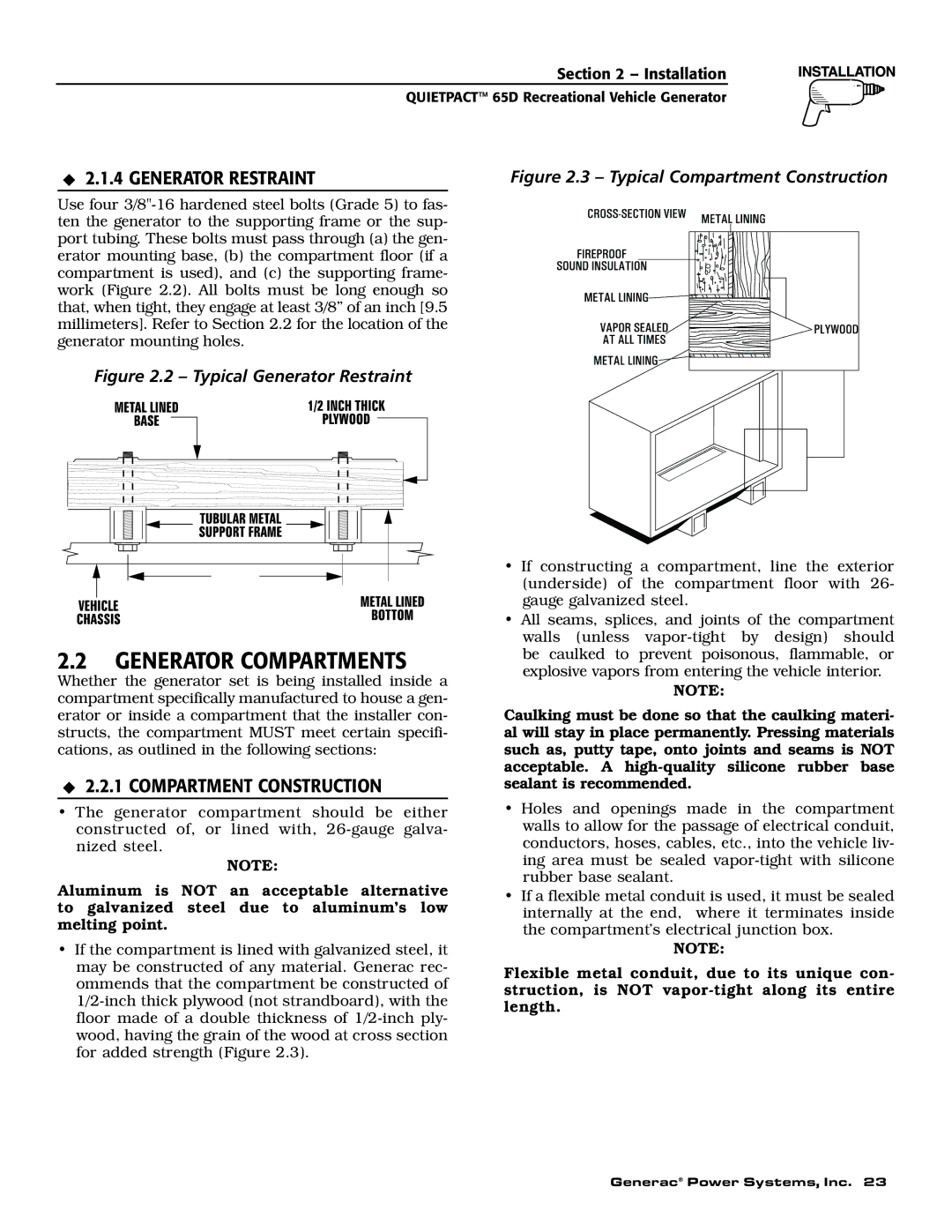 Generac 004614-1 owner manual Generator Compartments, Generator Restraint, Compartment Construction 