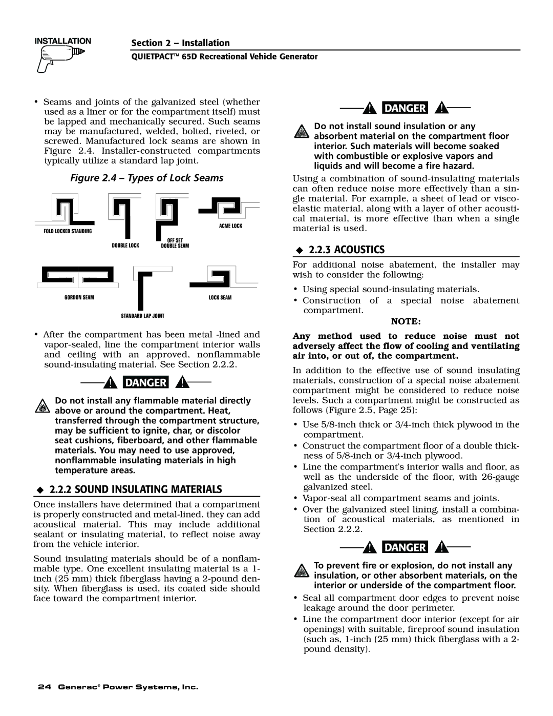 Generac 004614-1 owner manual Sound Insulating Materials, Acoustics 