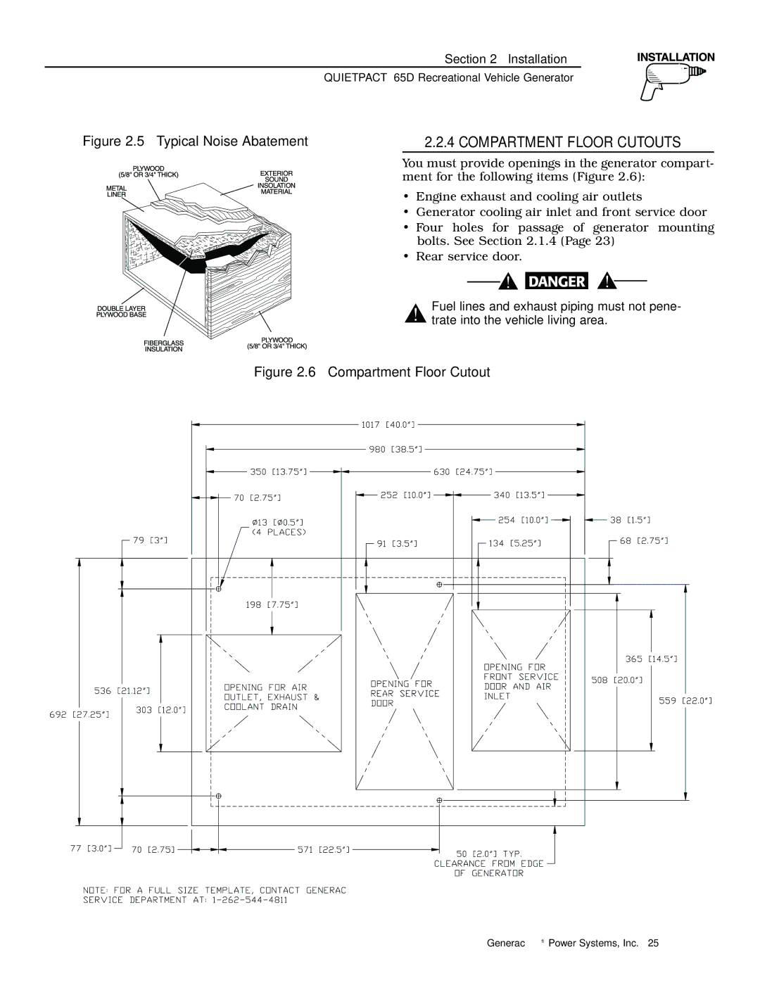 Generac 004614-1 owner manual Compartment Floor Cutouts, Typical Noise Abatement 