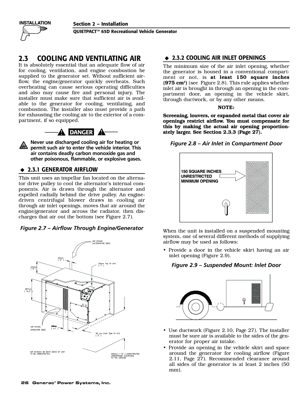 Generac 004614-1 owner manual Cooling and Ventilating AIR, Cooling AIR Inlet Openings, Generator Airflow 