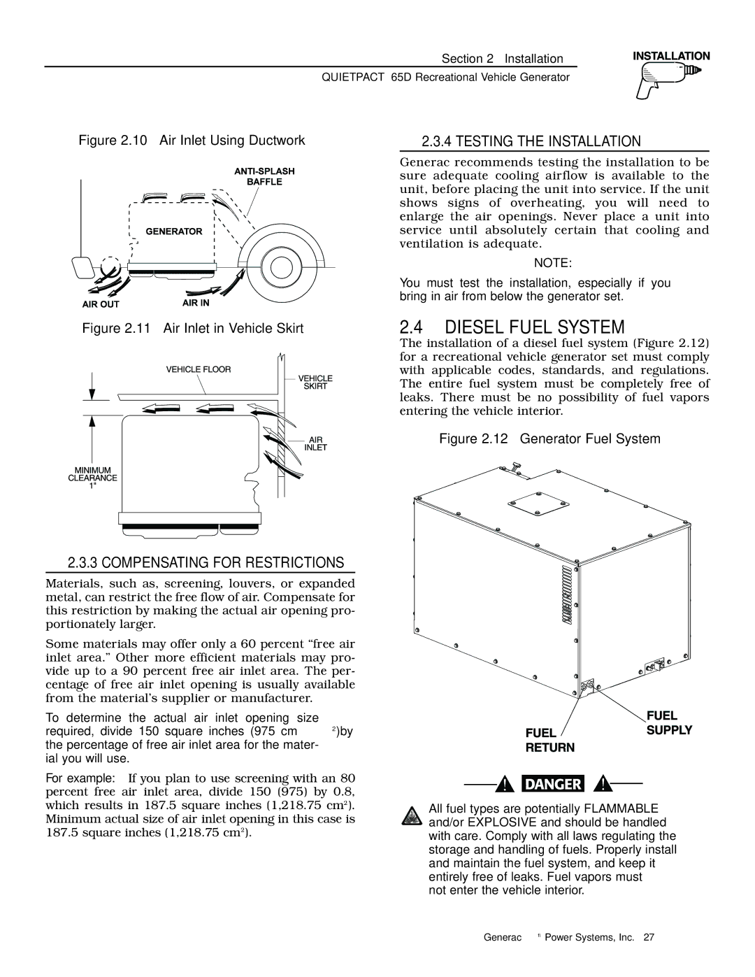 Generac 004614-1 owner manual Diesel Fuel System, Testing the Installation, Compensating for Restrictions 