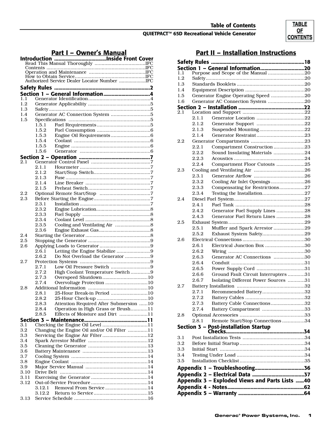 Generac 004614-1 owner manual Part II Installation Instructions 