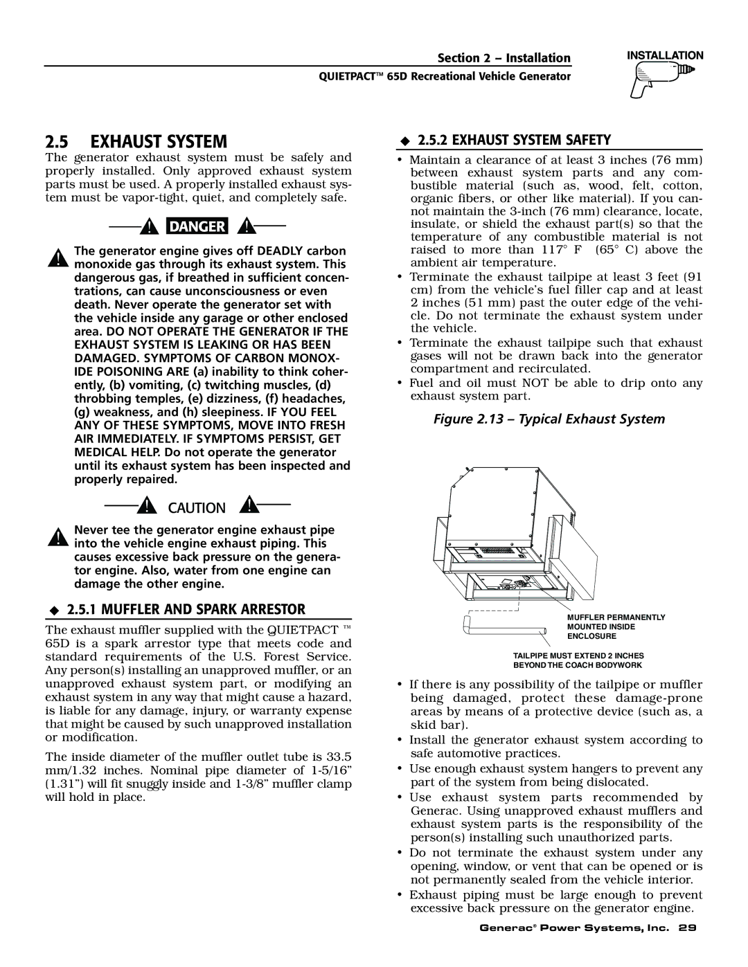 Generac 004614-1 owner manual Exhaust System Safety, Muffler and Spark Arrestor 