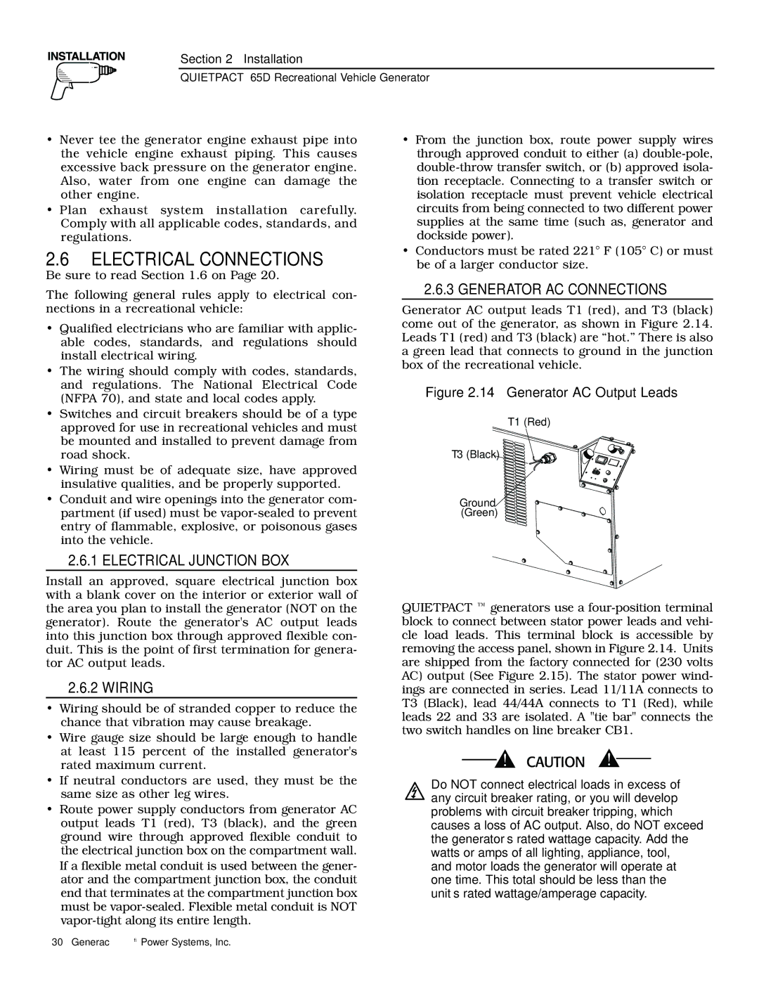 Generac 004614-1 owner manual Electrical Connections, Electrical Junction BOX, Generator AC Connections 