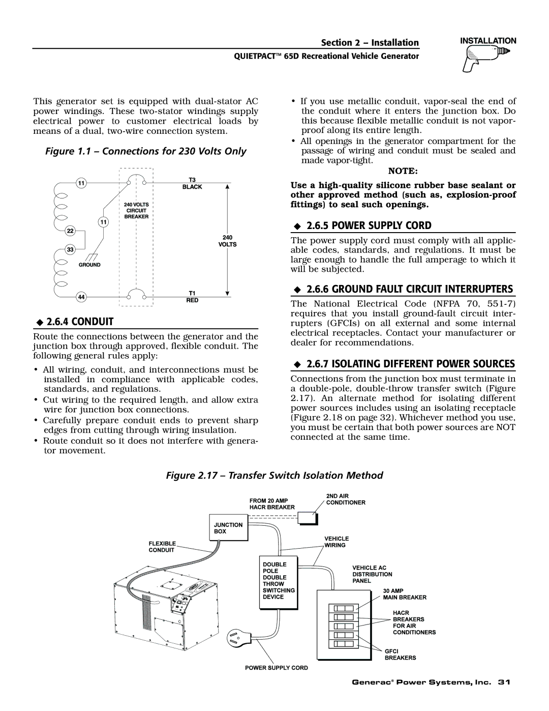 Generac 004614-1 owner manual Power Supply Cord, Ground Fault Circuit Interrupters, Isolating Different Power Sources 