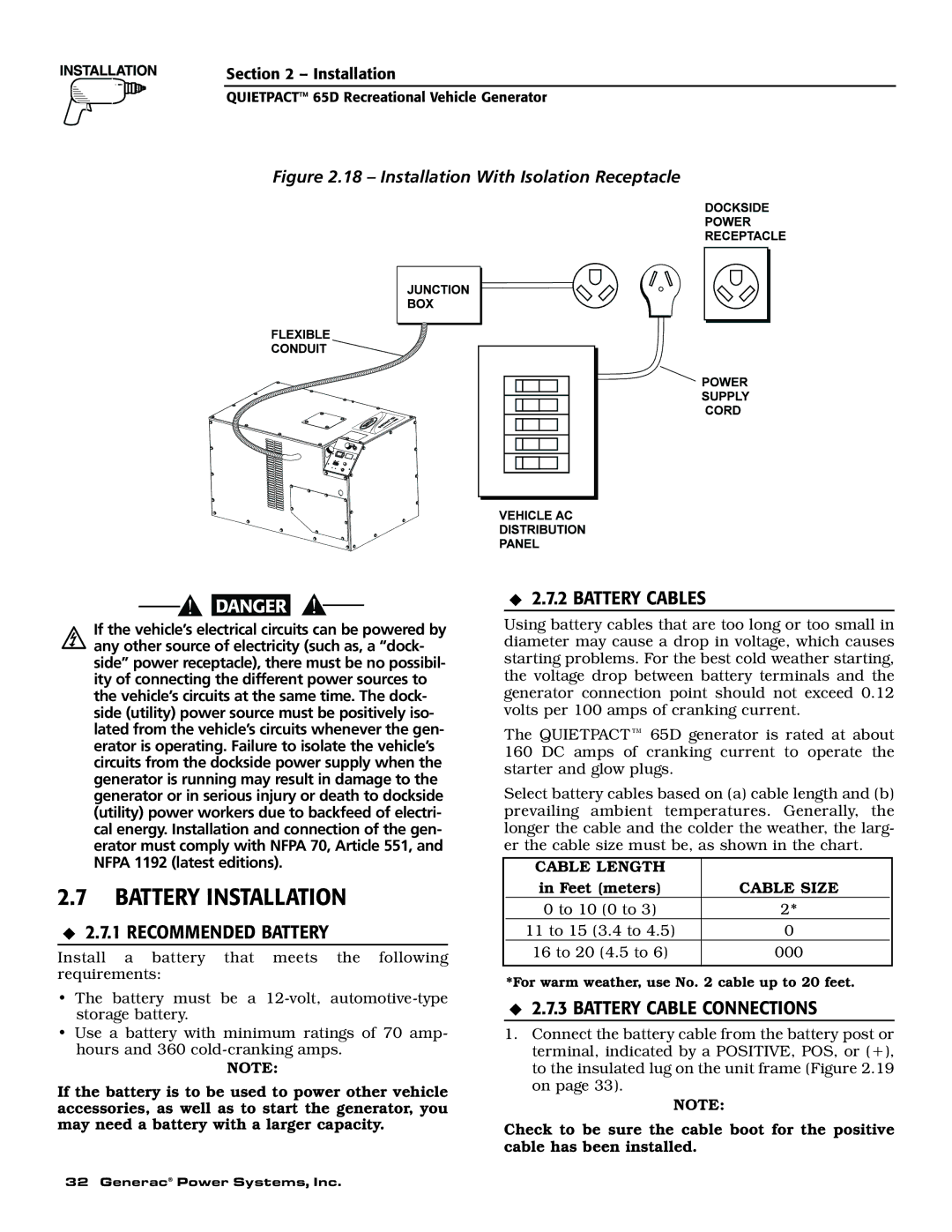 Generac 004614-1 owner manual Battery Installation, Battery Cables, Recommended Battery, Battery Cable Connections 