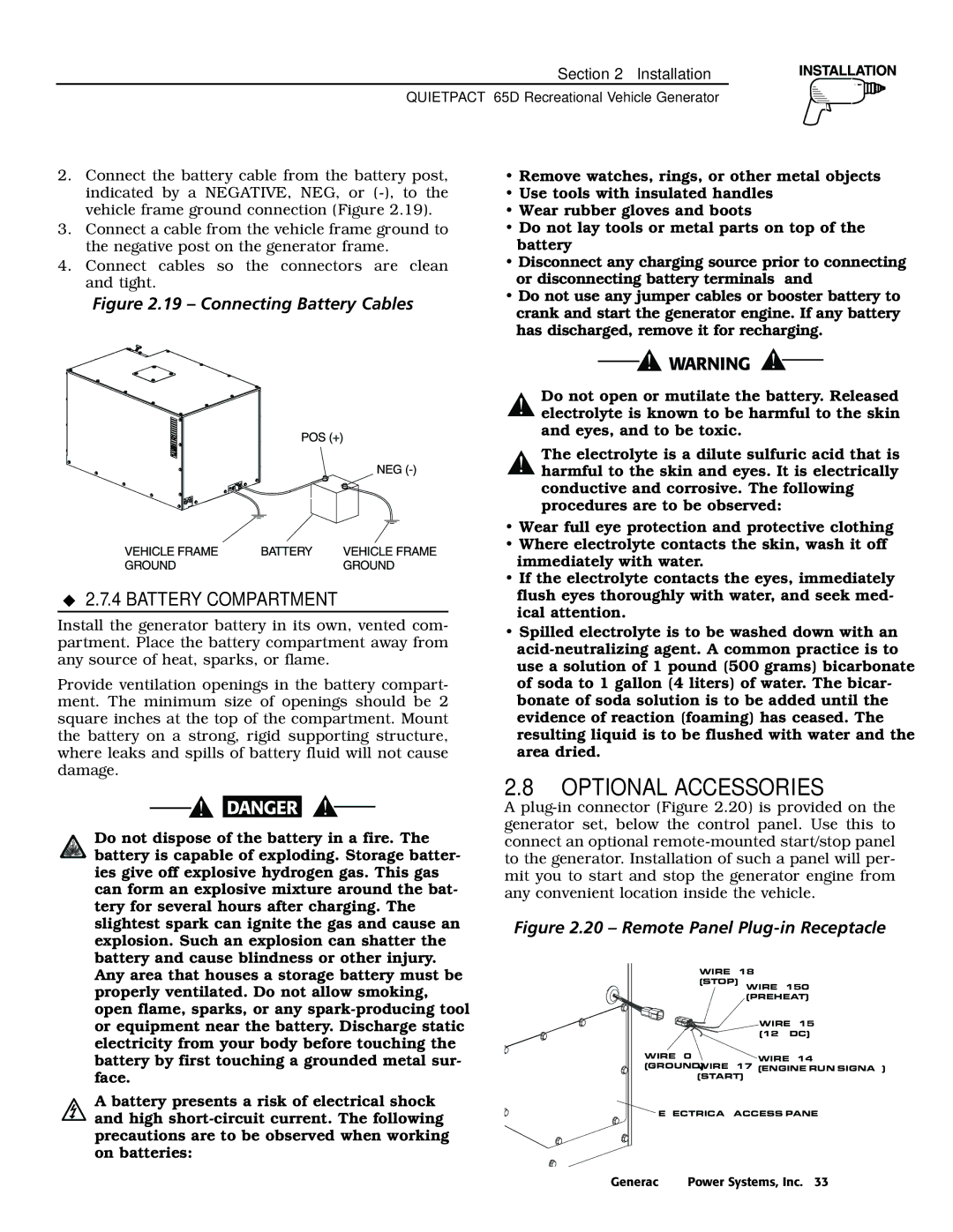 Generac 004614-1 owner manual Optional Accessories, Battery Compartment 