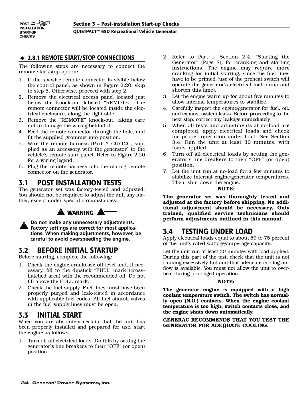 Generac 004614-1 Post Installation Tests, Testing Under Load, Before Initial Startup, Remote START/STOP Connections 