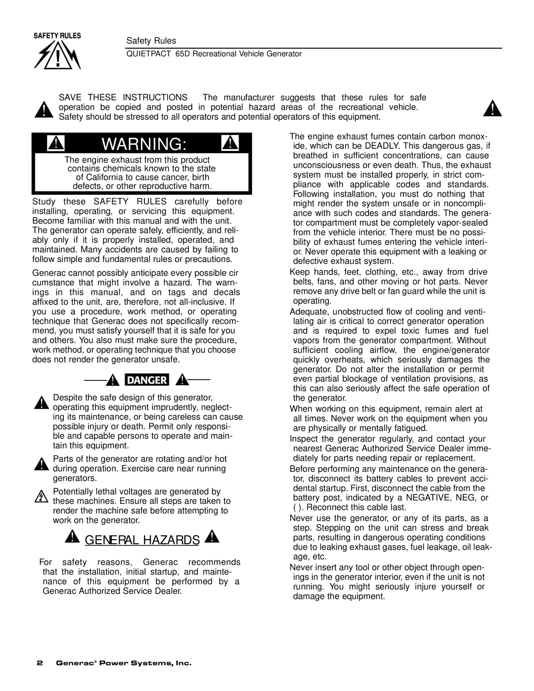 Generac 004614-1 owner manual General Hazards 