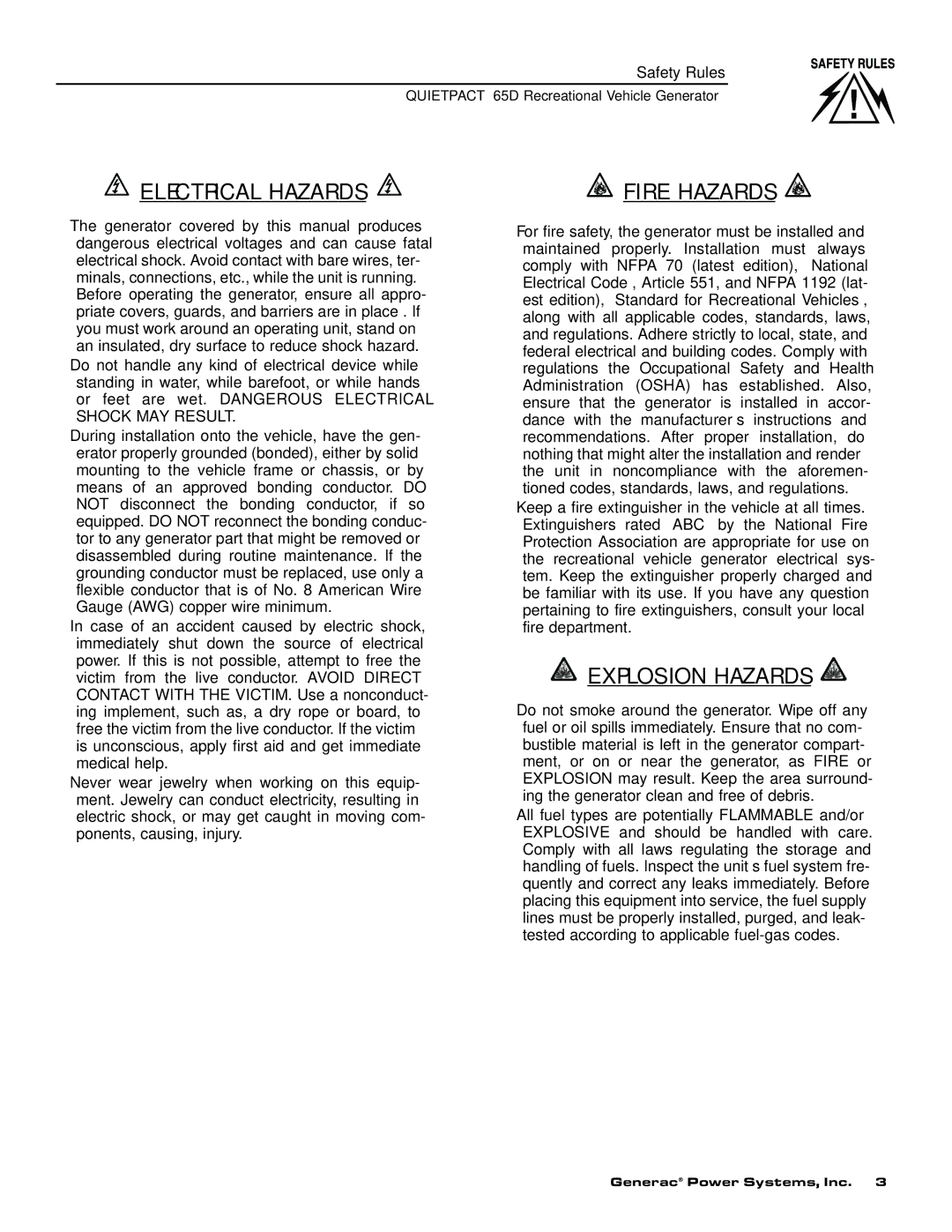 Generac 004614-1 owner manual Electrical Hazards 