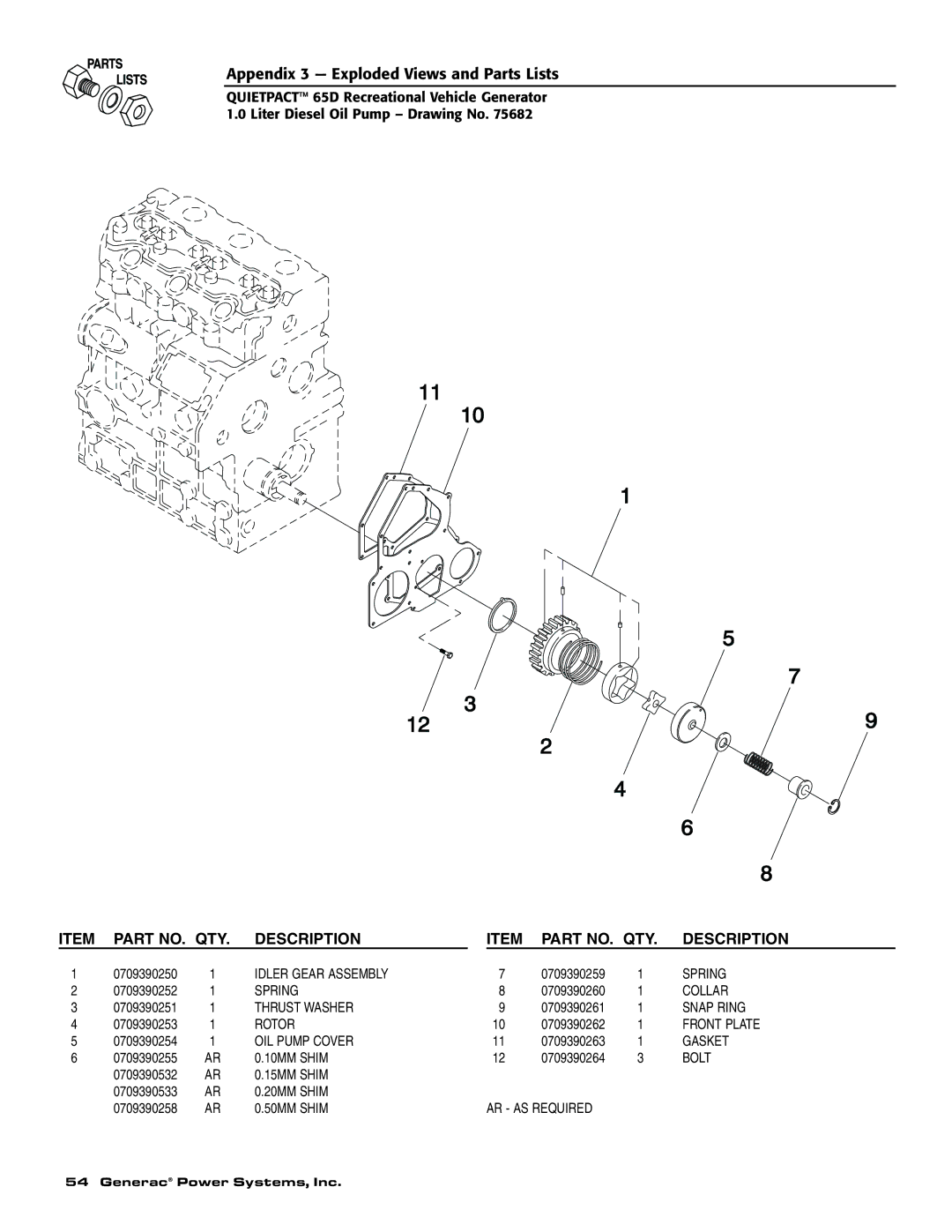 Generac 004614-1 owner manual Part NO. QTY Description 