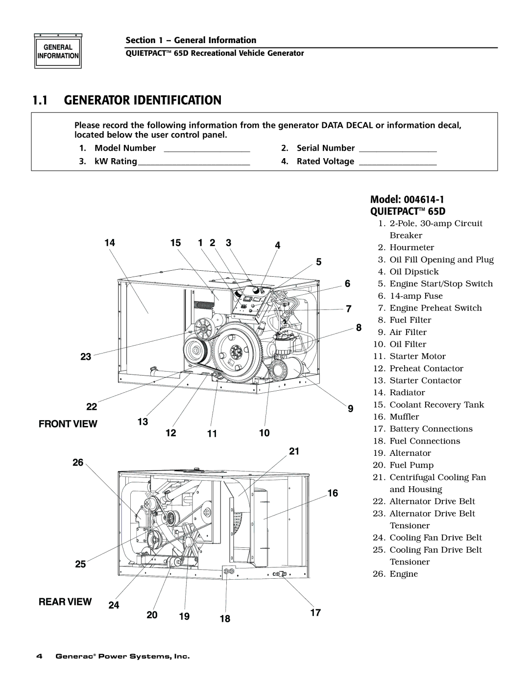 Generac 004614-1 owner manual Generator Identification, Quietpact 65D 