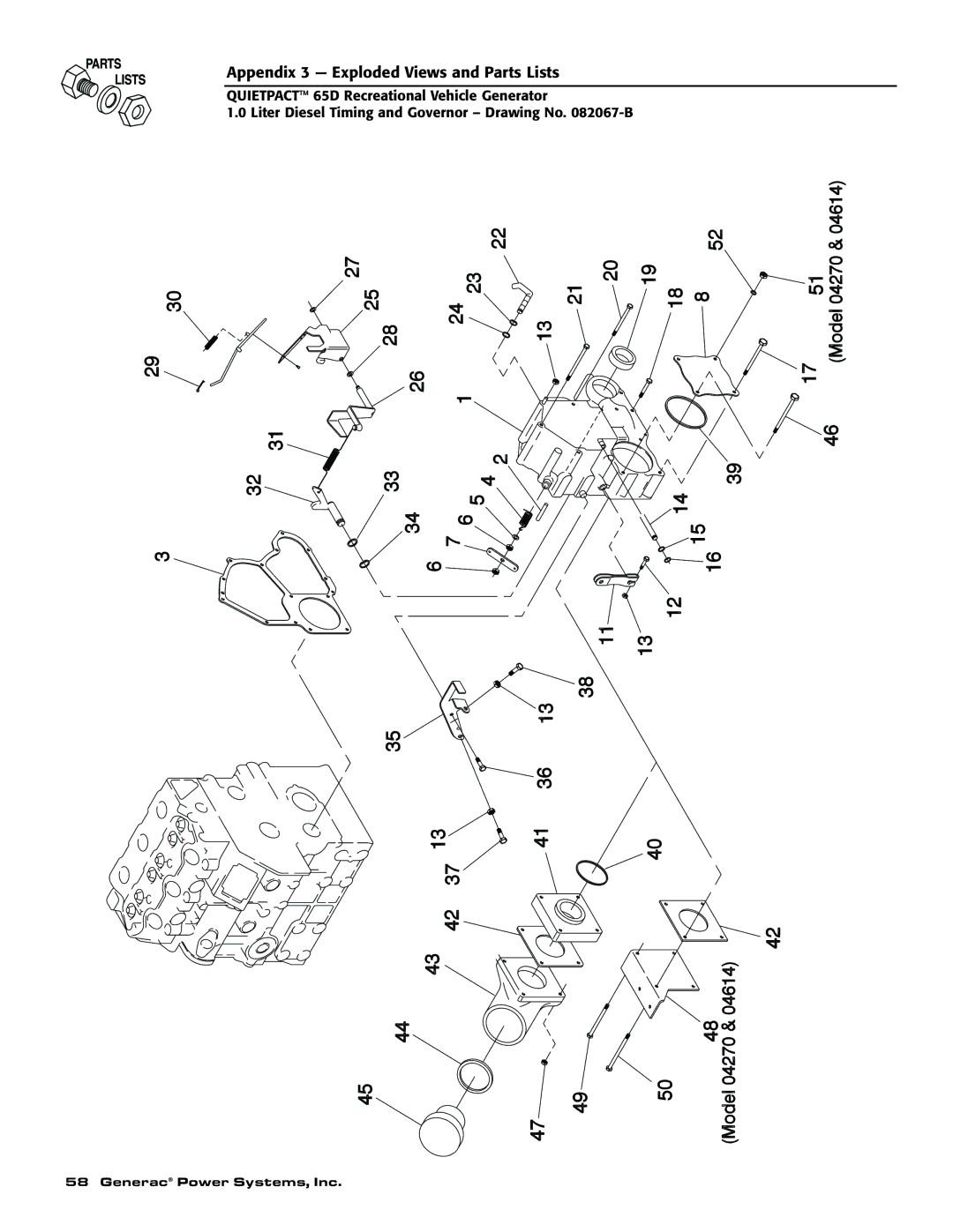 Generac 004614-1 owner manual Appendix 3 Exploded Views and Parts Lists 