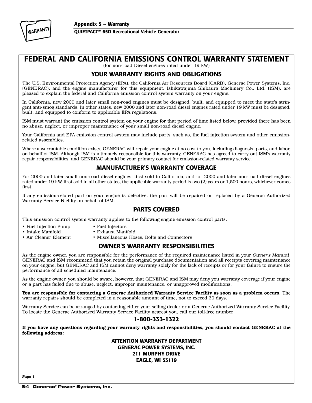 Generac 004614-1 Federal and California Emissions Control Warranty Statement, Your Warranty Rights and Obligations 