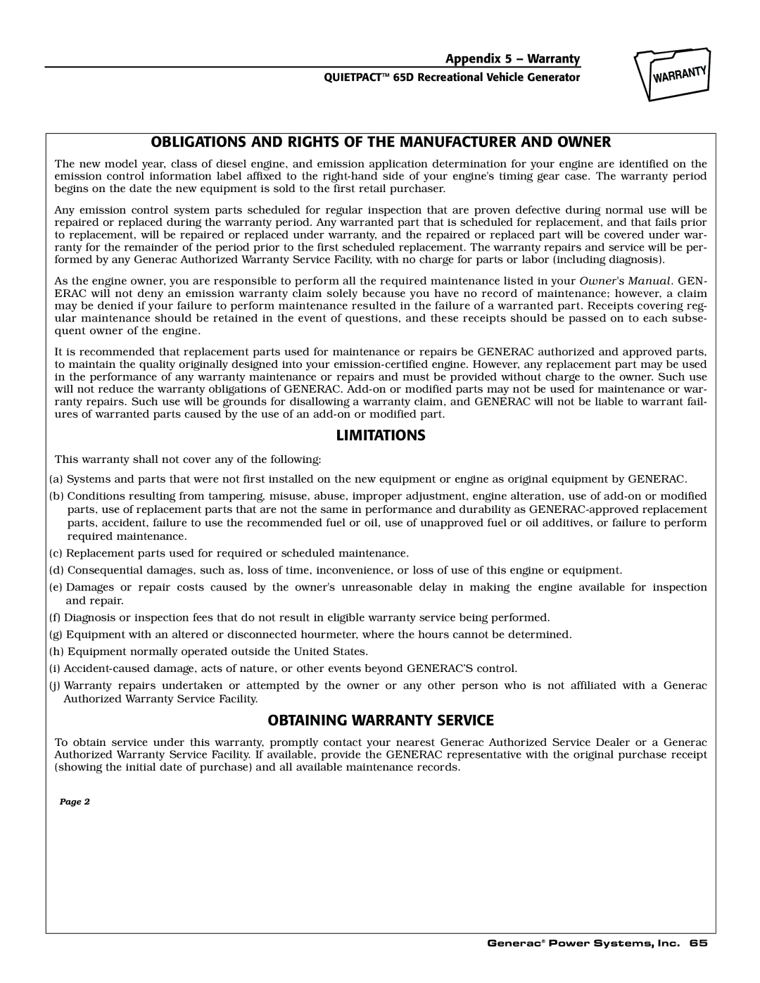 Generac 004614-1 owner manual Obligations and Rights of the Manufacturer and Owner, Limitations, Obtaining Warranty Service 