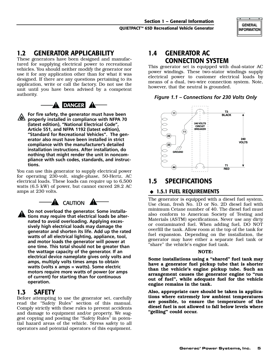 Generac 004614-1 Generator Applicability, Safety, Generator AC Connection System, Specifications, Fuel Requirements 