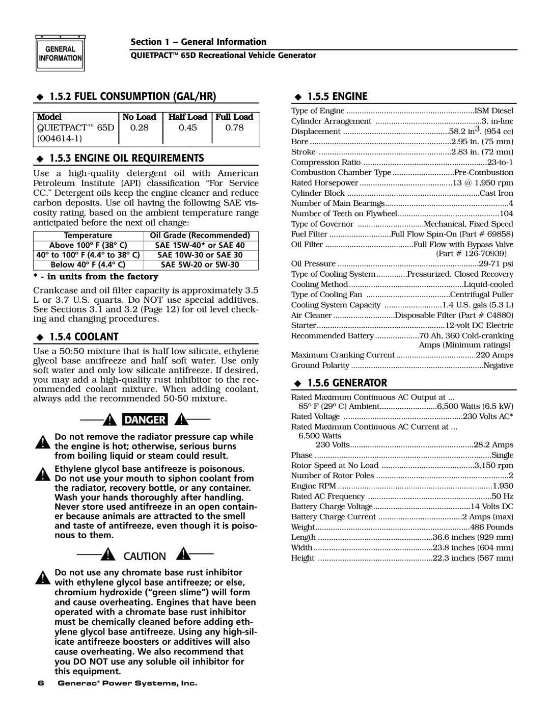 Generac 004614-1 owner manual Fuel Consumption GAL/HR, Engine OIL Requirements, Generator 