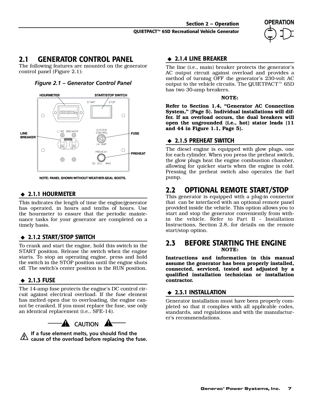 Generac 004614-1 owner manual Generator Control Panel, Optional Remote START/STOP, Before Starting the Engine 