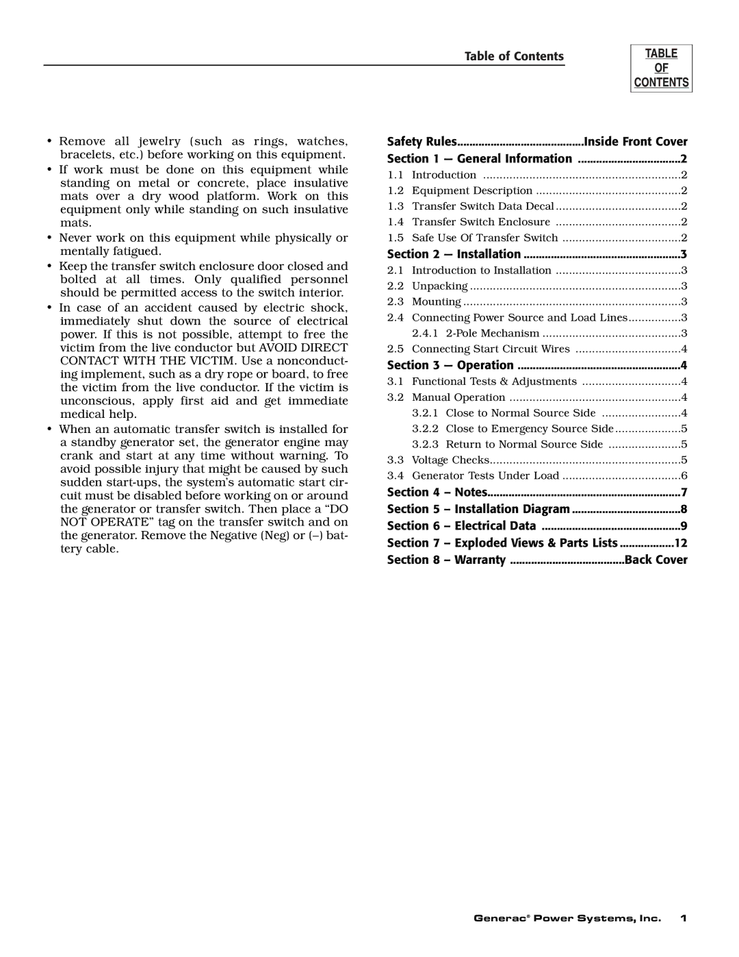 Generac 004635-3, 004678-2 owner manual Table of Contents 