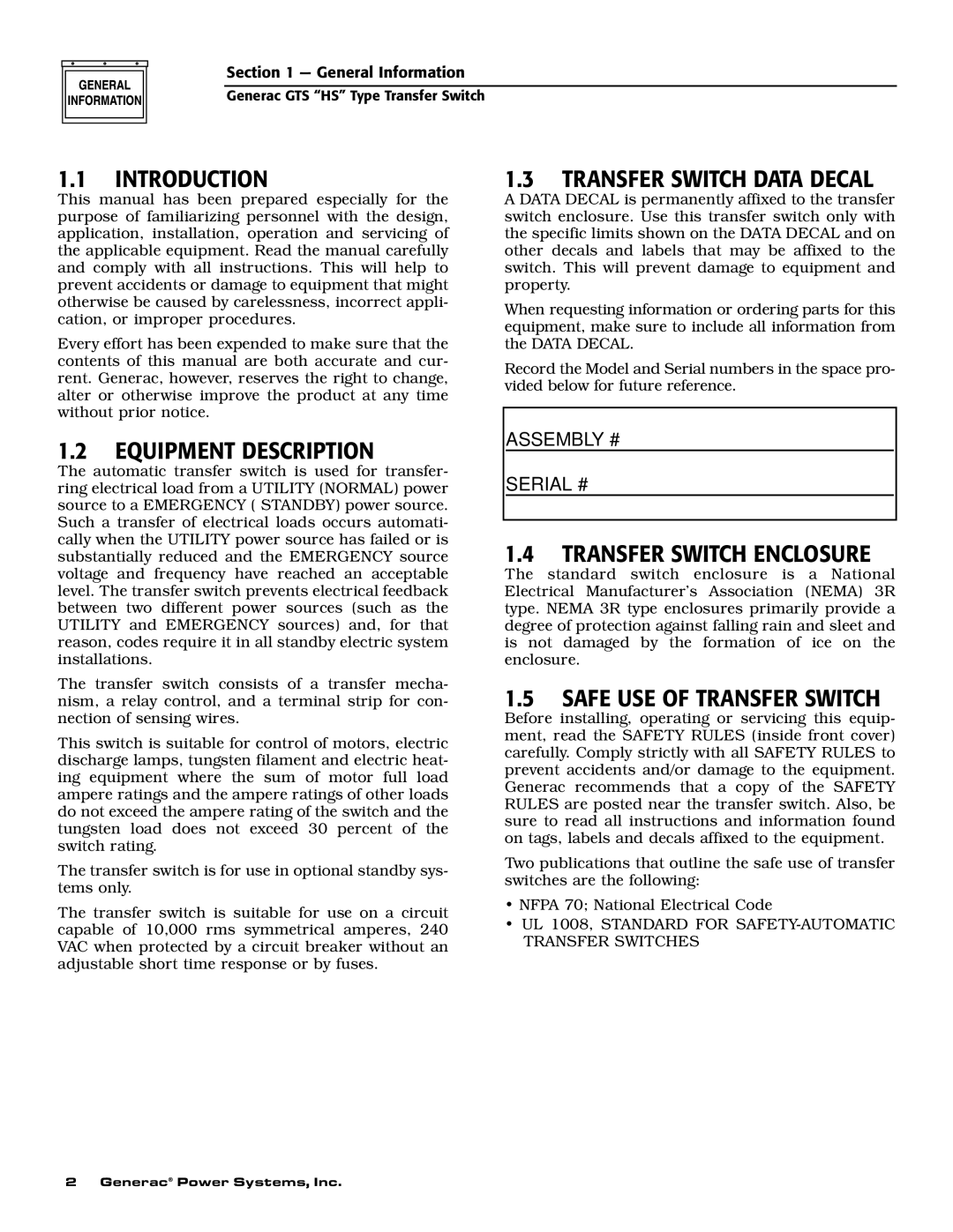 Generac 004678-2, 004635-3 Introduction, Equipment Description, Transfer Switch Data Decal, Transfer Switch Enclosure 