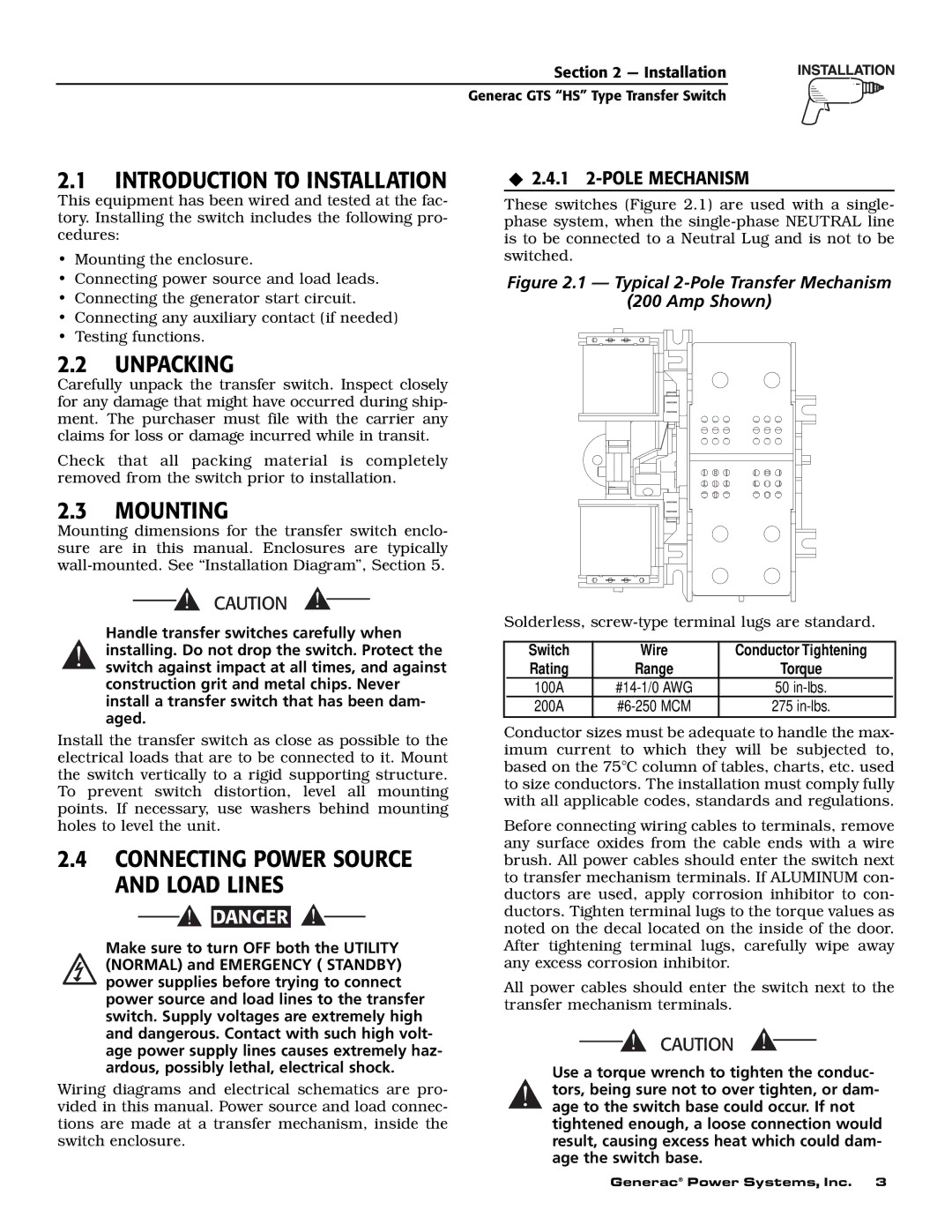 Generac 004635-3, 004678-2 Introduction to Installation, Unpacking, Mounting, Connecting Power Source and Load Lines 