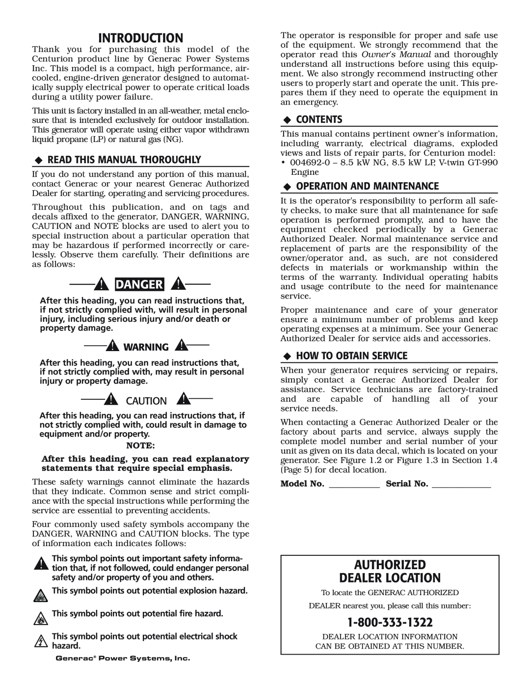 Generac 004692-0 Introduction, Authorized Dealer Location, 1-800-333-1322, Danger, Read This Manual Thoroughly, Contents 