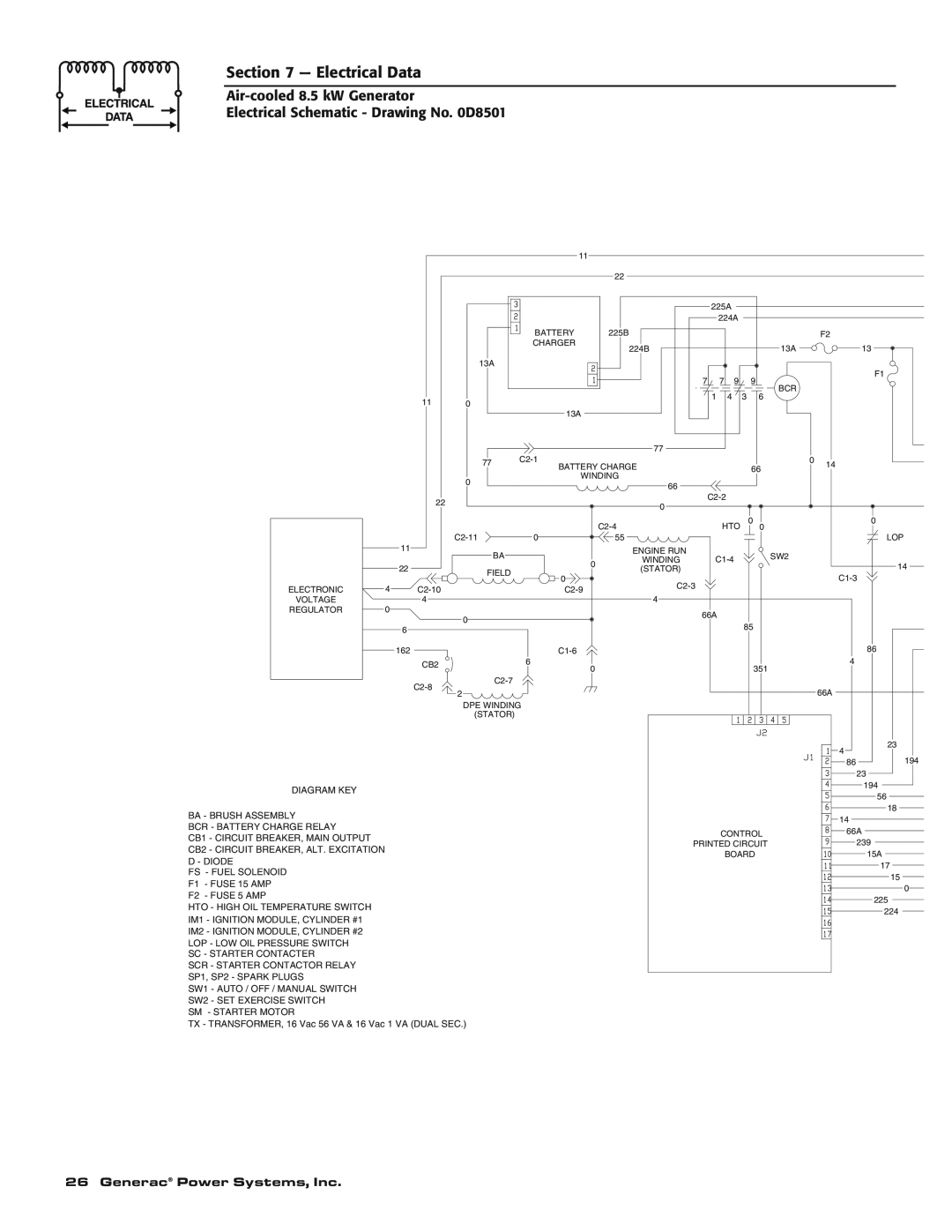 Generac 004692-0 owner manual Electrical Data, Air-cooled8.5 kW Generator, Electrical Schematic - Drawing No. 0D8501 