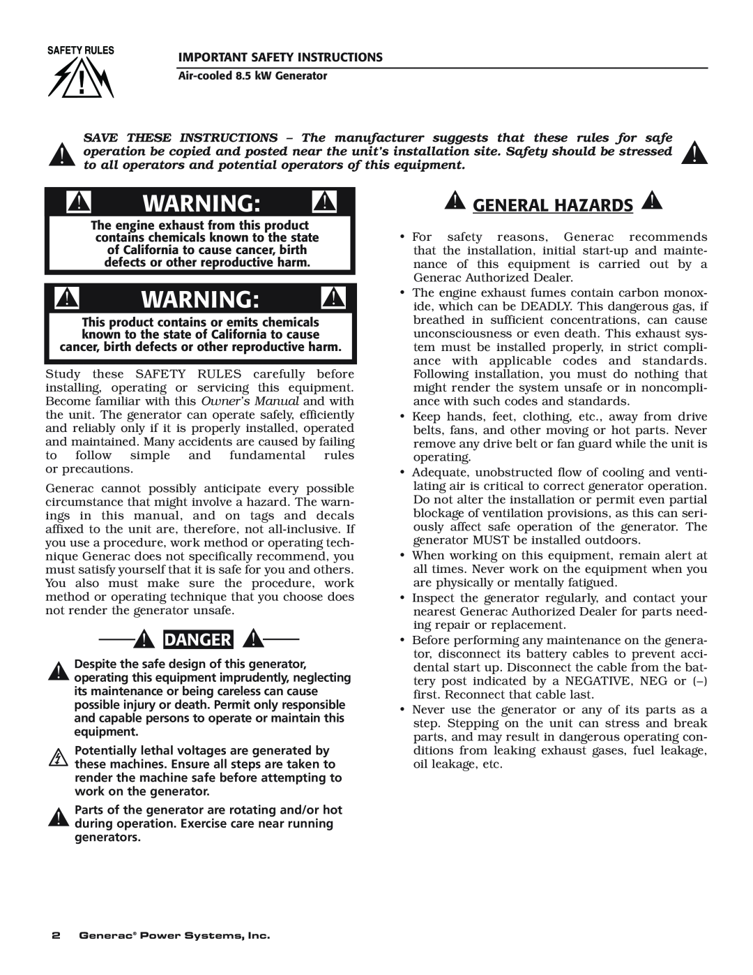 Generac 004692-0 General Hazards, Danger, Save These Instructions, The manufacturer, suggests that these rules for, safe 