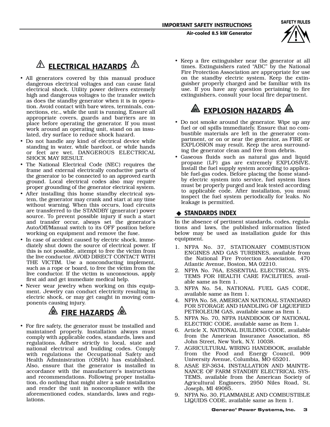 Generac 004692-0 owner manual Electrical Hazards, Fire Hazards, Explosion Hazards, Standards Index 