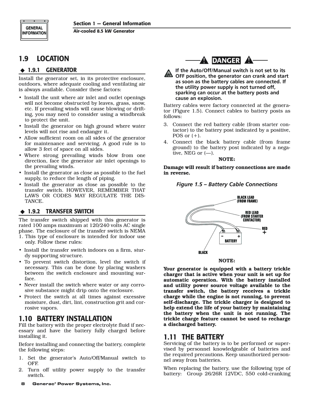 Generac 004692-0 owner manual Location, Battery Installation, Transfer Switch 