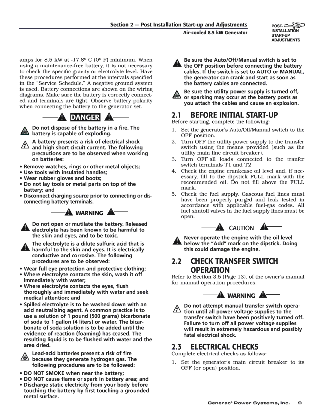 Generac 004692-0 owner manual Before Initial START-UP, Check Transfer Switch Operation, Electrical Checks 