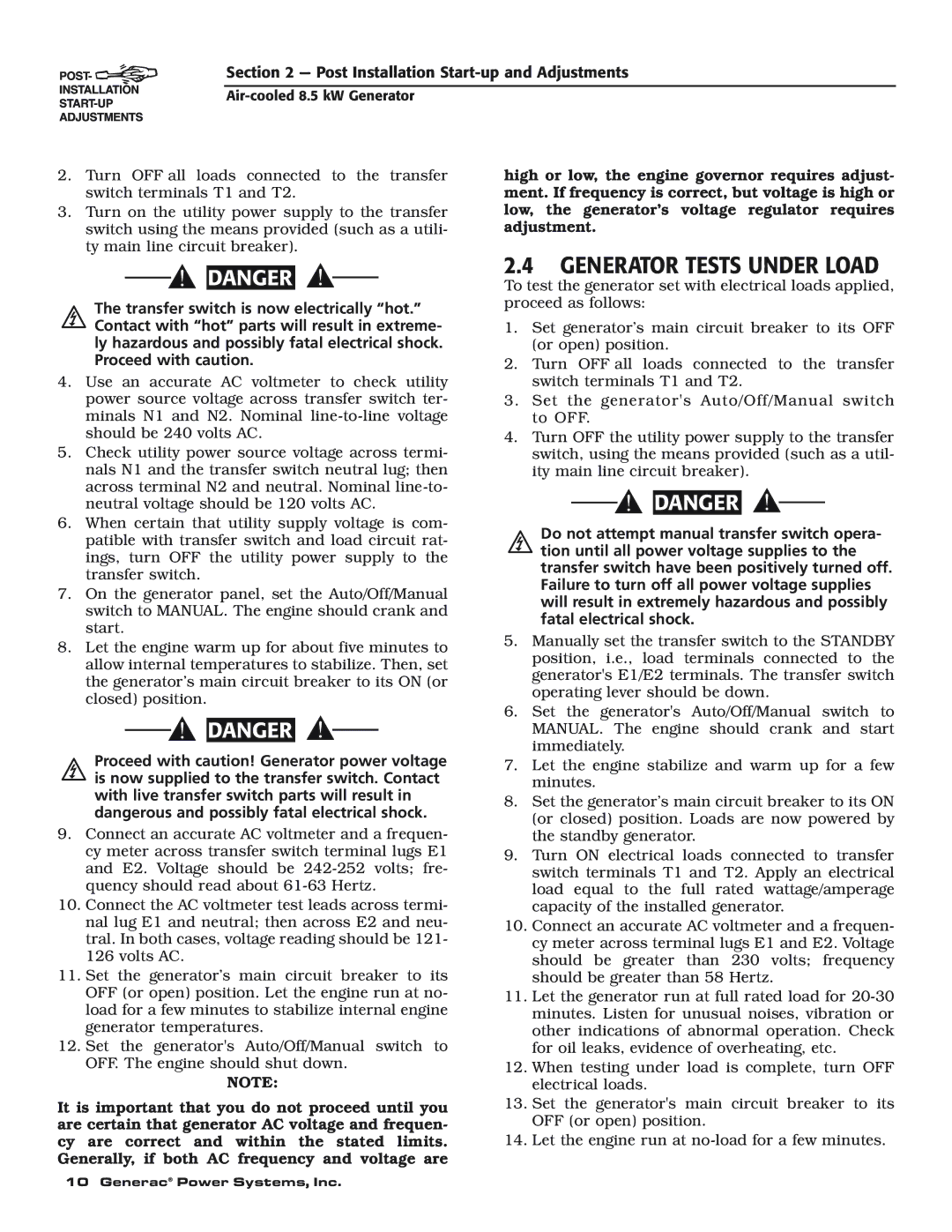 Generac 004692-0 owner manual Generator Tests Under Load 