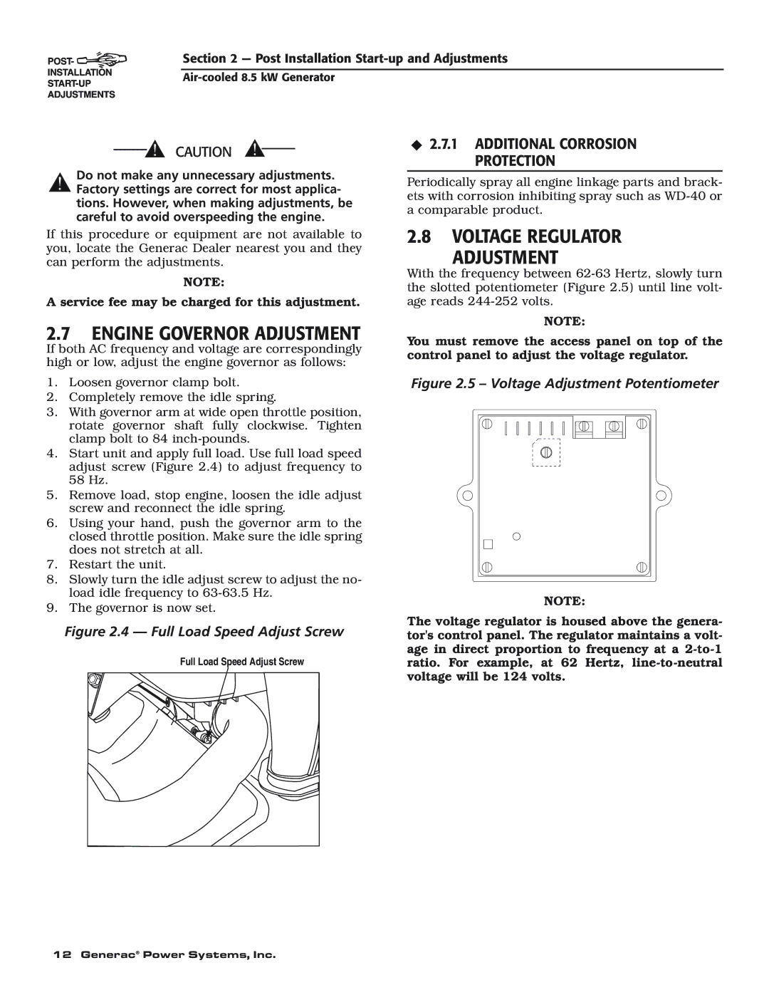 Generac 004692-0 owner manual Engine Governor Adjustment, Voltage Regulator Adjustment 