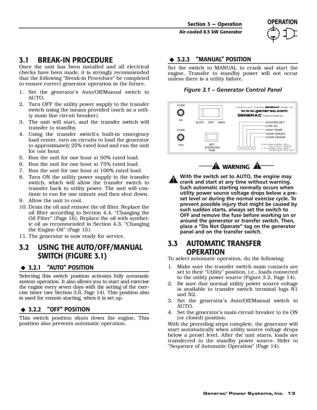 Generac 004692-0 owner manual BREAK-IN Procedure, Automatic Transfer Operation, Manual Position, Auto Position 