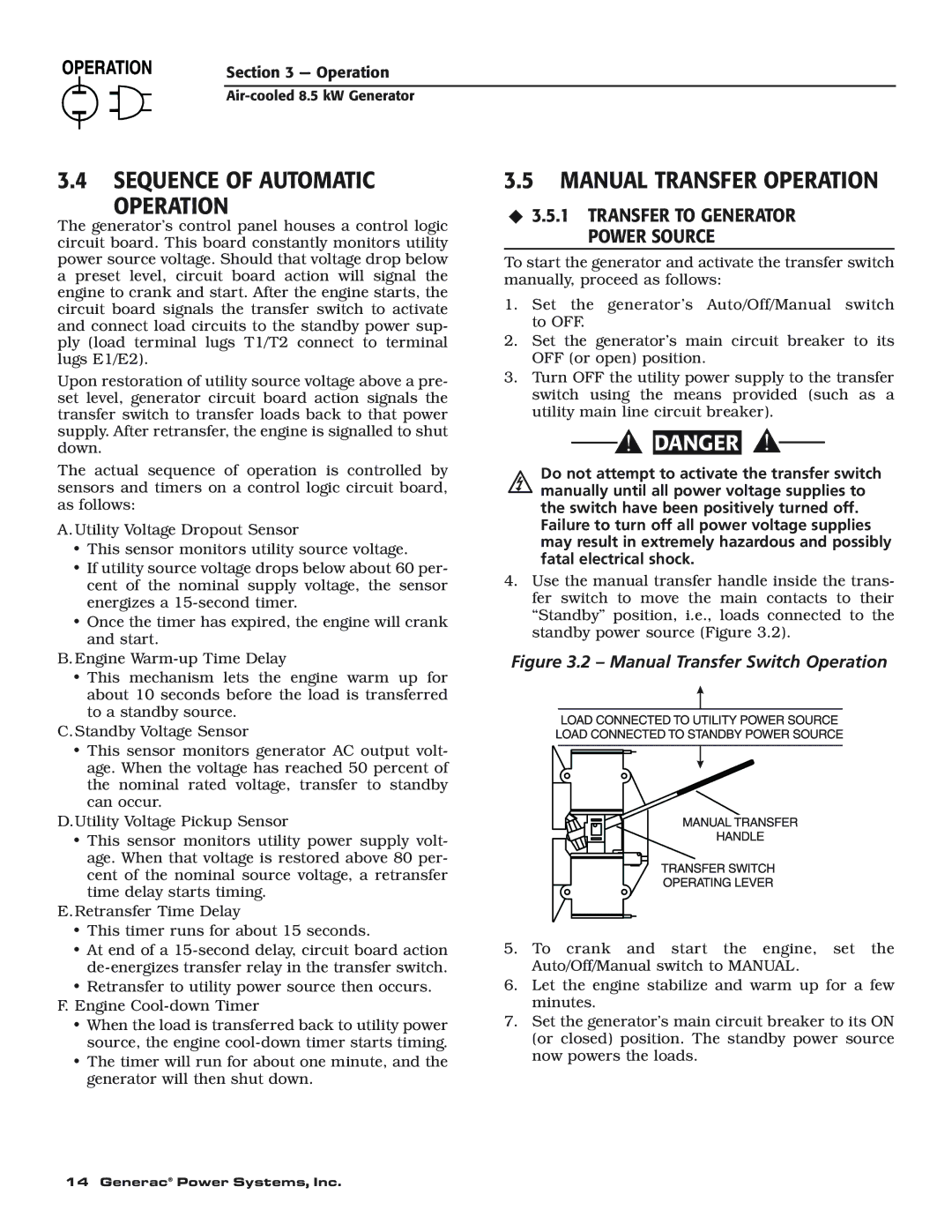 Generac 004692-0 owner manual Sequence of Automatic Operation, Manual Transfer Operation 