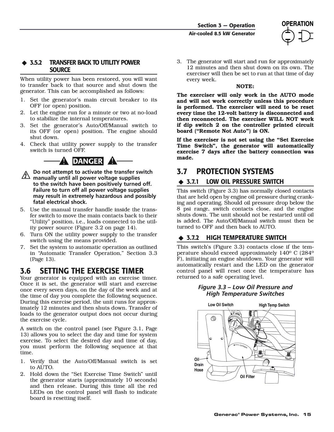 Generac 004692-0 owner manual Setting the Exercise Timer, Transfer Back to Utility Power Source, LOW OIL Pressure Switch 