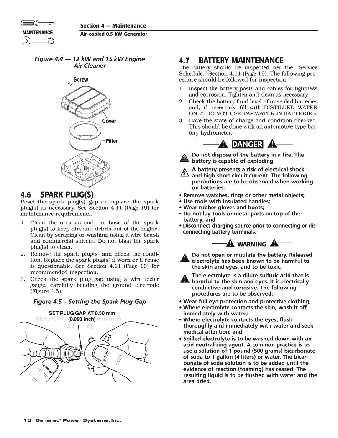 Generac 004692-0 owner manual Spark Plugs, Battery Maintenance 